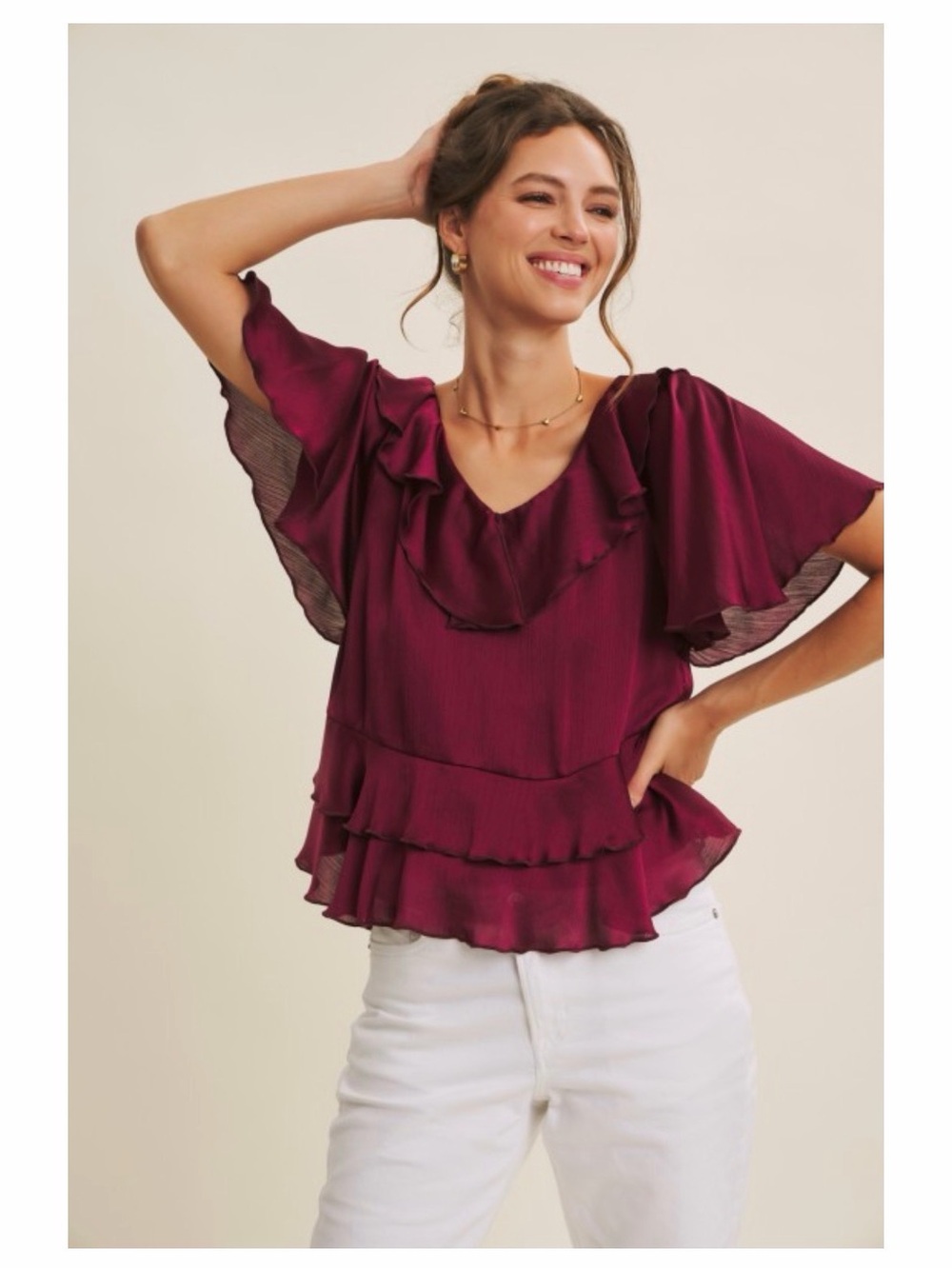 in february Burgundy Crinkled Ruffle V-Neck Flutter Sleeve Tiered Peplum Blouse
